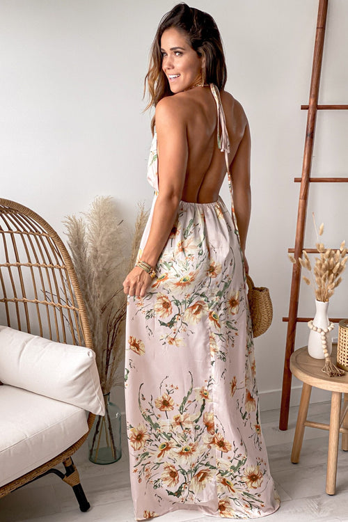 Pink Floral Halter Neck Maxi Dress With Slit
